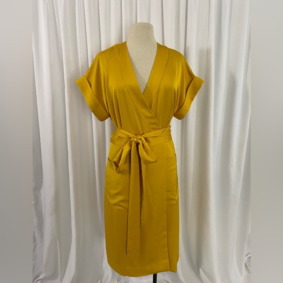 J. Crew Mustard Yellow Wrap Midi Dress - Picture 1 of 4